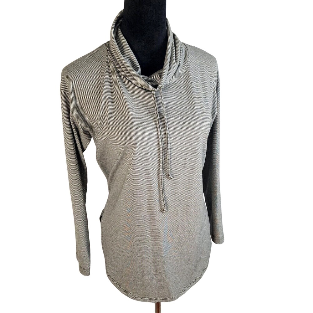 New LANDS' END Size XS (2-4) Green Micro Stripe Drawstring Neck Curved Hem Top
